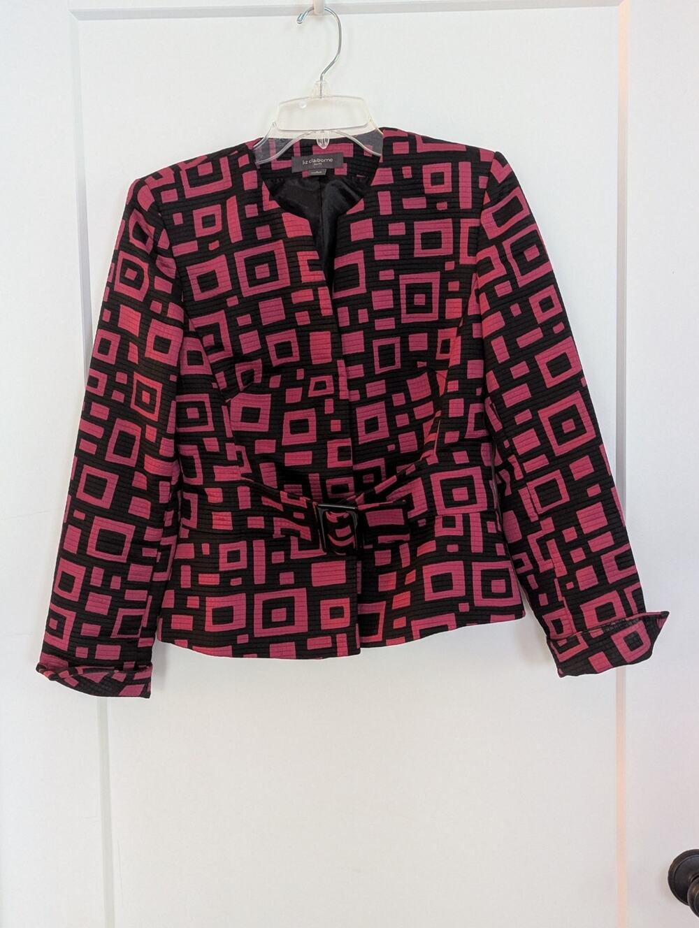 Liz Claiborne Suit Jacket Sz 6 Pink Black Geometric Belted Mod Blazer Y2K